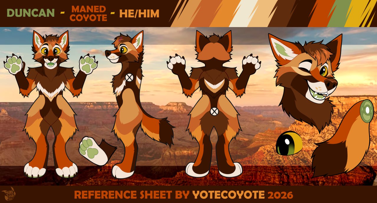 Ref sheet of Duncan, the Maned Coyote